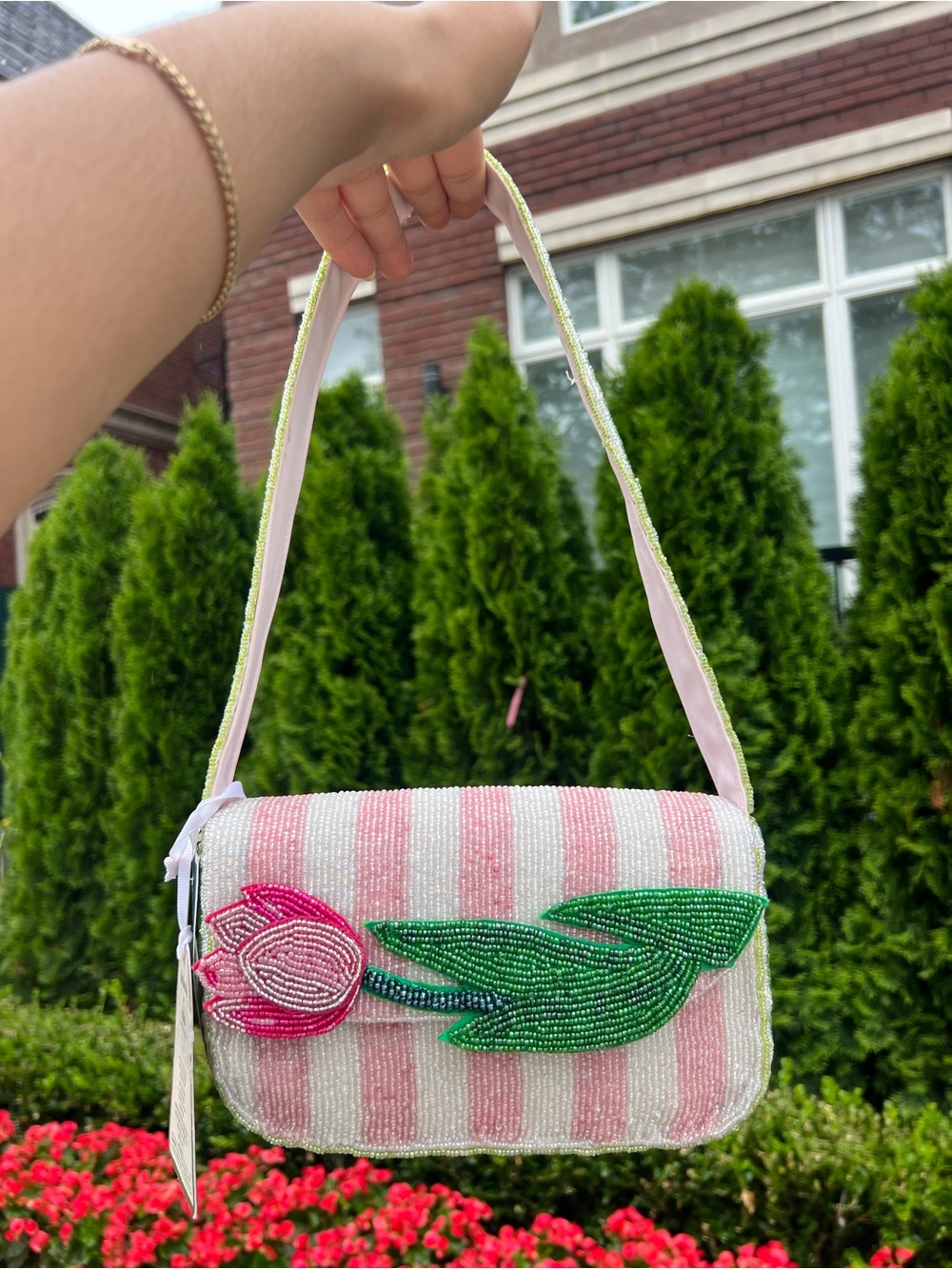 TJMAXX MARSHALLS VIRAL Pink Tulip Stripe Beaded Bag Summer Purse Collectible - Picture 4 of 17